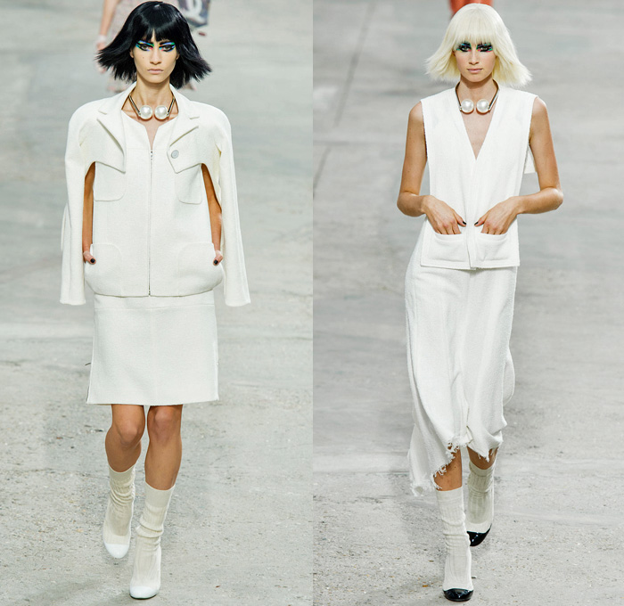 Chanel 2014 Spring Summer Womens Runway Collection - Paris Fashion Week - Mode à Paris - Karl Lagerfeld - Sponged Grey Denim Jeans Boucle Knitwear Dresses Coats Jackets Crop Top White Lace Check Pattern Pearls Art: Designer Denim Jeans Fashion: Season Collections, Runways, Lookbooks and Linesheets