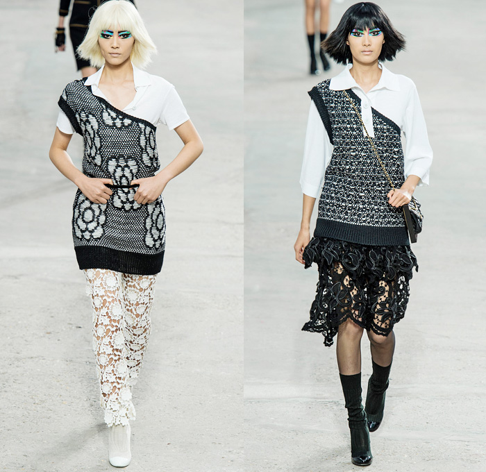 Chanel 2014 Spring Summer Womens Runway Collection - Paris Fashion Week - Mode à Paris - Karl Lagerfeld - Sponged Grey Denim Jeans Boucle Knitwear Dresses Coats Jackets Crop Top White Lace Check Pattern Pearls Art: Designer Denim Jeans Fashion: Season Collections, Runways, Lookbooks and Linesheets