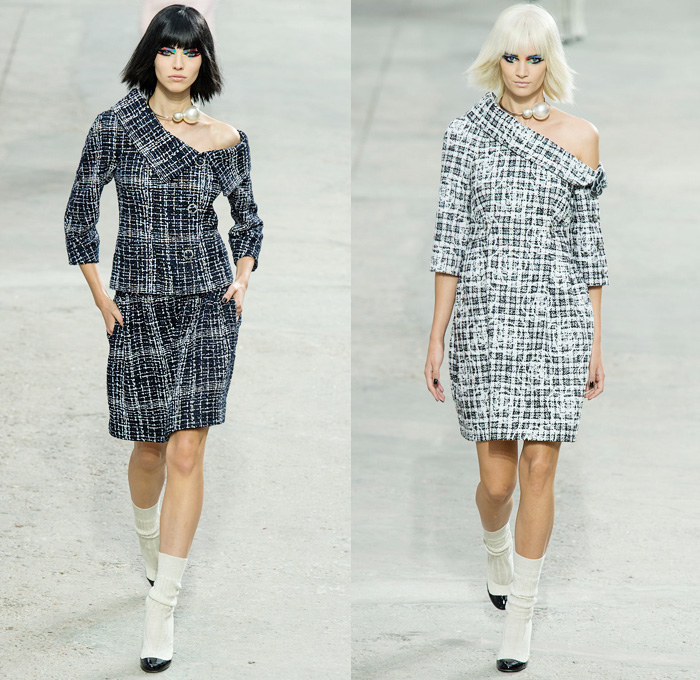 Chanel 2014 Spring Summer Womens Runway Collection - Paris Fashion Week - Mode à Paris - Karl Lagerfeld - Sponged Grey Denim Jeans Boucle Knitwear Dresses Coats Jackets Crop Top White Lace Check Pattern Pearls Art: Designer Denim Jeans Fashion: Season Collections, Runways, Lookbooks and Linesheets