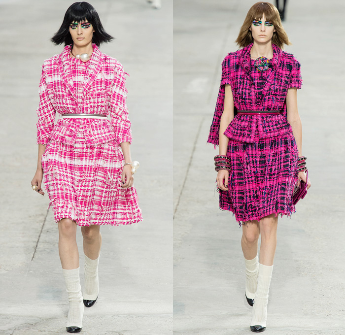 Chanel 2014 Spring Summer Womens Runway Collection - Paris Fashion Week - Mode à Paris - Karl Lagerfeld - Sponged Grey Denim Jeans Boucle Knitwear Dresses Coats Jackets Crop Top White Lace Check Pattern Pearls Art: Designer Denim Jeans Fashion: Season Collections, Runways, Lookbooks and Linesheets