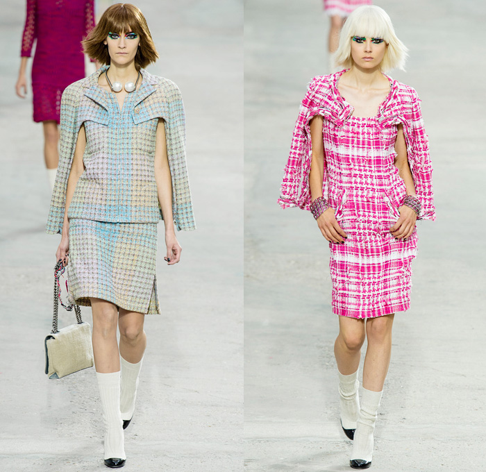 Chanel 2014 Spring Summer Womens Runway Collection - Paris Fashion Week - Mode à Paris - Karl Lagerfeld - Sponged Grey Denim Jeans Boucle Knitwear Dresses Coats Jackets Crop Top White Lace Check Pattern Pearls Art: Designer Denim Jeans Fashion: Season Collections, Runways, Lookbooks and Linesheets