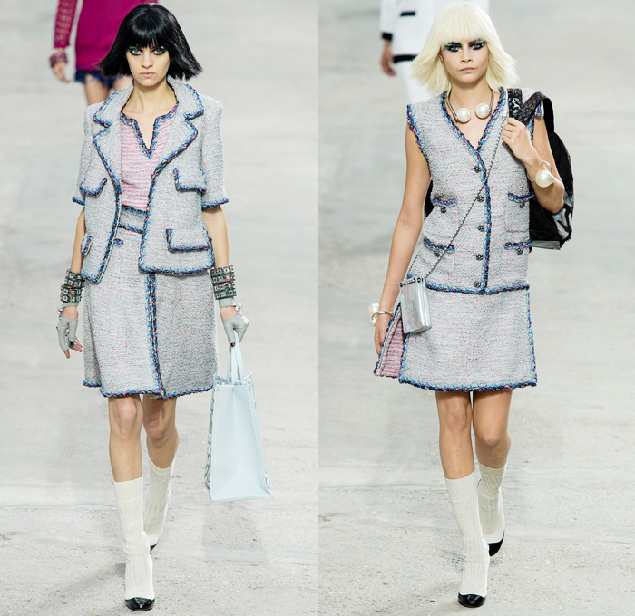 Chanel 2014 Spring Summer Womens Runway Collection - Paris Fashion Week - Mode à Paris - Karl Lagerfeld - Sponged Grey Denim Jeans Boucle Knitwear Dresses Coats Jackets Crop Top White Lace Check Pattern Pearls Art: Designer Denim Jeans Fashion: Season Collections, Runways, Lookbooks and Linesheets