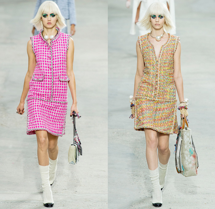 Chanel 2014 Spring Summer Womens Runway Collection - Paris Fashion Week - Mode à Paris - Karl Lagerfeld - Sponged Grey Denim Jeans Boucle Knitwear Dresses Coats Jackets Crop Top White Lace Check Pattern Pearls Art: Designer Denim Jeans Fashion: Season Collections, Runways, Lookbooks and Linesheets