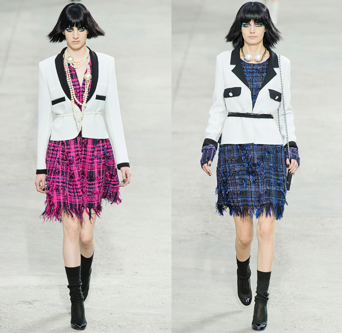 Chanel 2014 Spring Summer Womens Runway Collection - Paris Fashion Week - Mode à Paris - Karl Lagerfeld - Sponged Grey Denim Jeans Boucle Knitwear Dresses Coats Jackets Crop Top White Lace Check Pattern Pearls Art: Designer Denim Jeans Fashion: Season Collections, Runways, Lookbooks and Linesheets