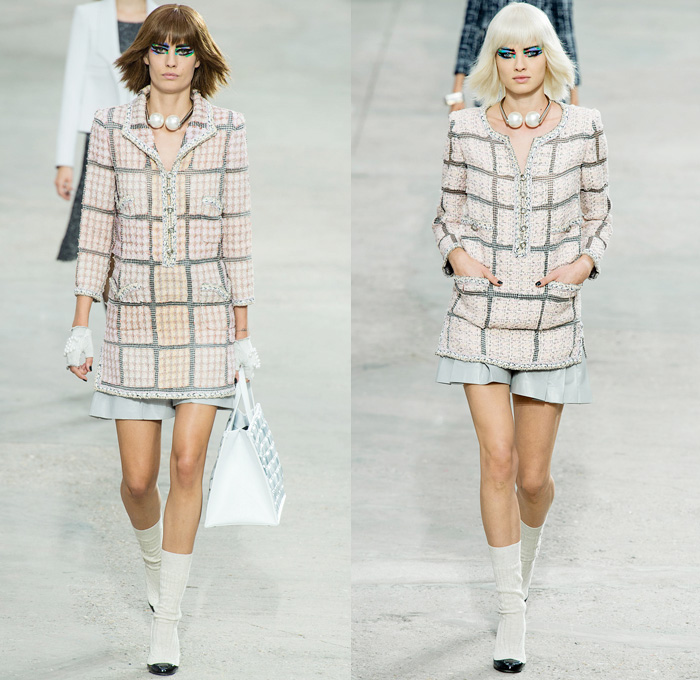 Chanel 2014 Spring Summer Womens Runway Collection - Paris Fashion Week - Mode à Paris - Karl Lagerfeld - Sponged Grey Denim Jeans Boucle Knitwear Dresses Coats Jackets Crop Top White Lace Check Pattern Pearls Art: Designer Denim Jeans Fashion: Season Collections, Runways, Lookbooks and Linesheets