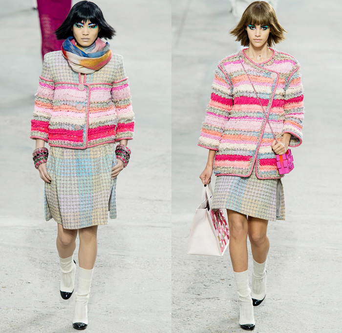 Chanel 2014 Spring Summer Womens Runway Collection - Paris Fashion Week - Mode à Paris - Karl Lagerfeld - Sponged Grey Denim Jeans Boucle Knitwear Dresses Coats Jackets Crop Top White Lace Check Pattern Pearls Art: Designer Denim Jeans Fashion: Season Collections, Runways, Lookbooks and Linesheets