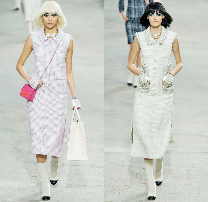 Chanel 2014 Spring Summer Womens Runway Collection - Paris Fashion Week - Mode à Paris - Karl Lagerfeld - Sponged Grey Denim Jeans Boucle Knitwear Dresses Coats Jackets Crop Top White Lace Check Pattern Pearls Art: Designer Denim Jeans Fashion: Season Collections, Runways, Lookbooks and Linesheets