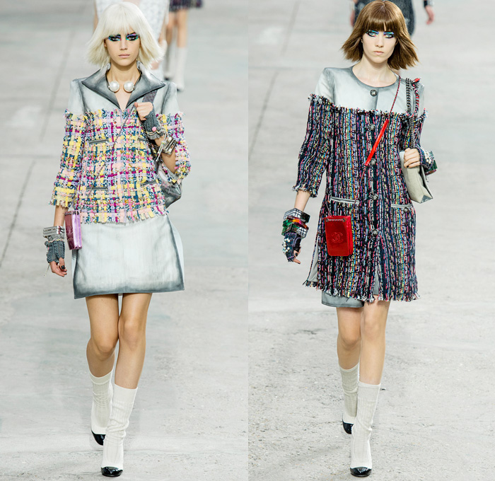 Chanel 2014 Spring Summer Womens Runway Collection - Paris Fashion Week - Mode à Paris - Karl Lagerfeld - Sponged Grey Denim Jeans Boucle Knitwear Dresses Coats Jackets Crop Top White Lace Check Pattern Pearls Art: Designer Denim Jeans Fashion: Season Collections, Runways, Lookbooks and Linesheets