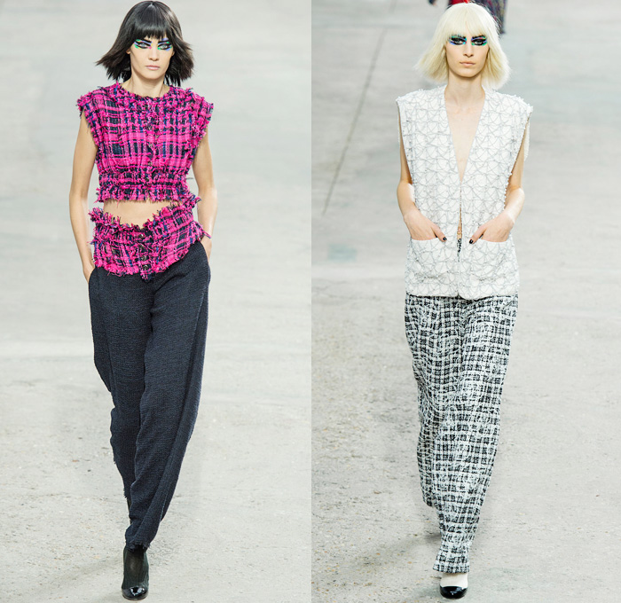 Chanel 2014 Spring Summer Womens Runway Collection - Paris Fashion Week - Mode à Paris - Karl Lagerfeld - Sponged Grey Denim Jeans Boucle Knitwear Dresses Coats Jackets Crop Top White Lace Check Pattern Pearls Art: Designer Denim Jeans Fashion: Season Collections, Runways, Lookbooks and Linesheets