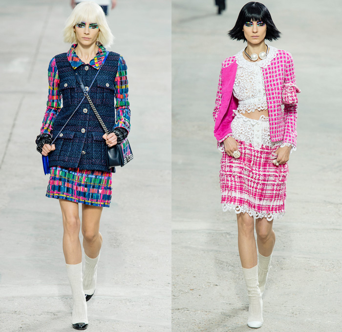 Chanel 2014 Spring Summer Womens Runway Collection - Paris Fashion Week - Mode à Paris - Karl Lagerfeld - Sponged Grey Denim Jeans Boucle Knitwear Dresses Coats Jackets Crop Top White Lace Check Pattern Pearls Art: Designer Denim Jeans Fashion: Season Collections, Runways, Lookbooks and Linesheets