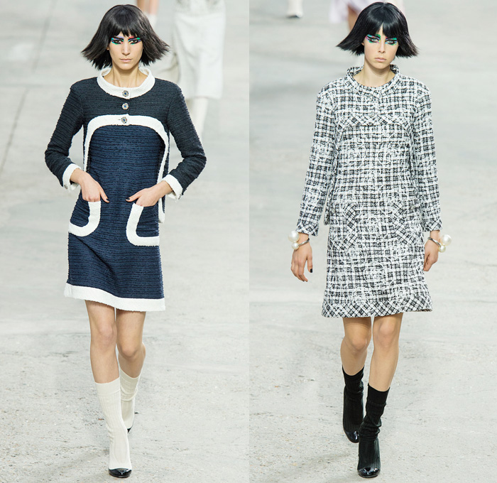 Chanel 2014 Spring Summer Womens Runway Collection - Paris Fashion Week - Mode à Paris - Karl Lagerfeld - Sponged Grey Denim Jeans Boucle Knitwear Dresses Coats Jackets Crop Top White Lace Check Pattern Pearls Art: Designer Denim Jeans Fashion: Season Collections, Runways, Lookbooks and Linesheets