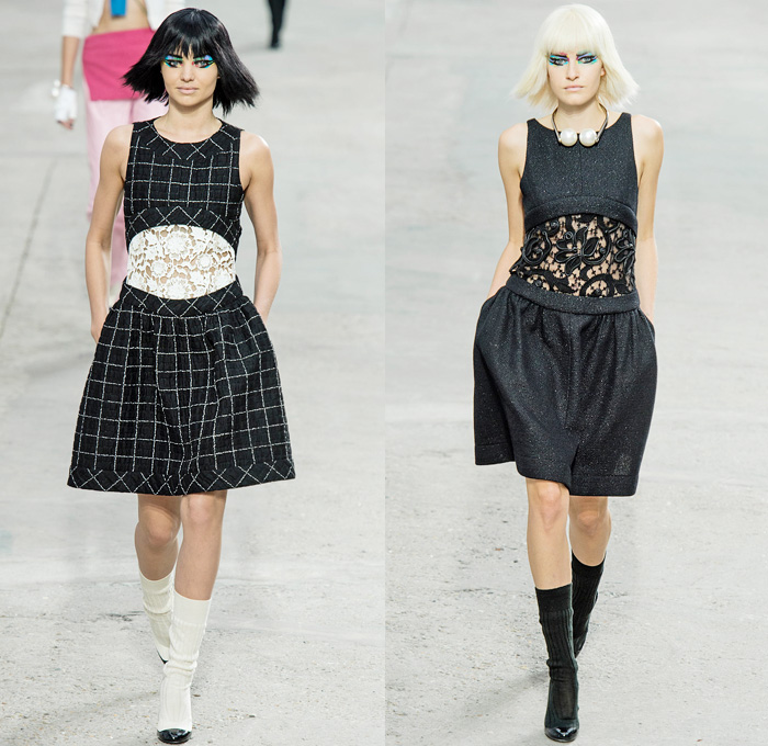 Chanel 2014 Spring Summer Womens Runway Collection - Paris Fashion Week - Mode à Paris - Karl Lagerfeld - Sponged Grey Denim Jeans Boucle Knitwear Dresses Coats Jackets Crop Top White Lace Check Pattern Pearls Art: Designer Denim Jeans Fashion: Season Collections, Runways, Lookbooks and Linesheets