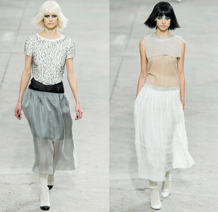 Chanel 2014 Spring Summer Womens Runway Collection - Paris Fashion Week - Mode à Paris - Karl Lagerfeld - Sponged Grey Denim Jeans Boucle Knitwear Dresses Coats Jackets Crop Top White Lace Check Pattern Pearls Art: Designer Denim Jeans Fashion: Season Collections, Runways, Lookbooks and Linesheets