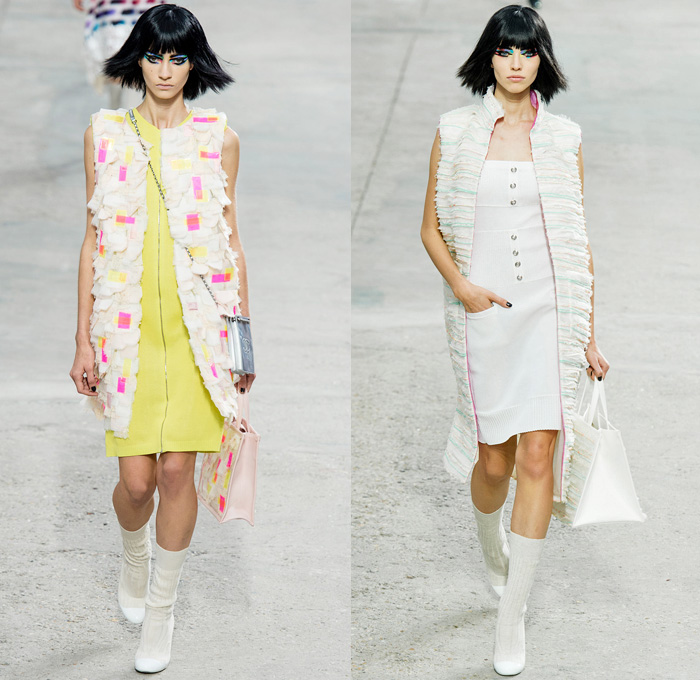 Chanel 2014 Spring Summer Womens Runway Collection - Paris Fashion Week - Mode à Paris - Karl Lagerfeld - Sponged Grey Denim Jeans Boucle Knitwear Dresses Coats Jackets Crop Top White Lace Check Pattern Pearls Art: Designer Denim Jeans Fashion: Season Collections, Runways, Lookbooks and Linesheets