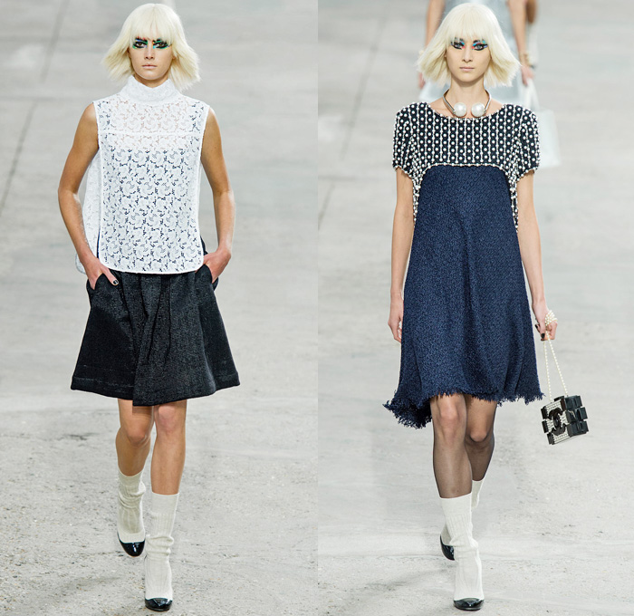 Chanel 2014 Spring Summer Womens Runway Collection - Paris Fashion Week - Mode à Paris - Karl Lagerfeld - Sponged Grey Denim Jeans Boucle Knitwear Dresses Coats Jackets Crop Top White Lace Check Pattern Pearls Art: Designer Denim Jeans Fashion: Season Collections, Runways, Lookbooks and Linesheets