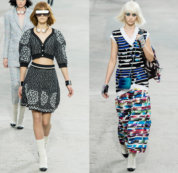 Chanel 2014 Spring Summer Womens Runway Collection - Paris Fashion Week - Mode à Paris - Karl Lagerfeld - Sponged Grey Denim Jeans Boucle Knitwear Dresses Coats Jackets Crop Top White Lace Check Pattern Pearls Art: Designer Denim Jeans Fashion: Season Collections, Runways, Lookbooks and Linesheets