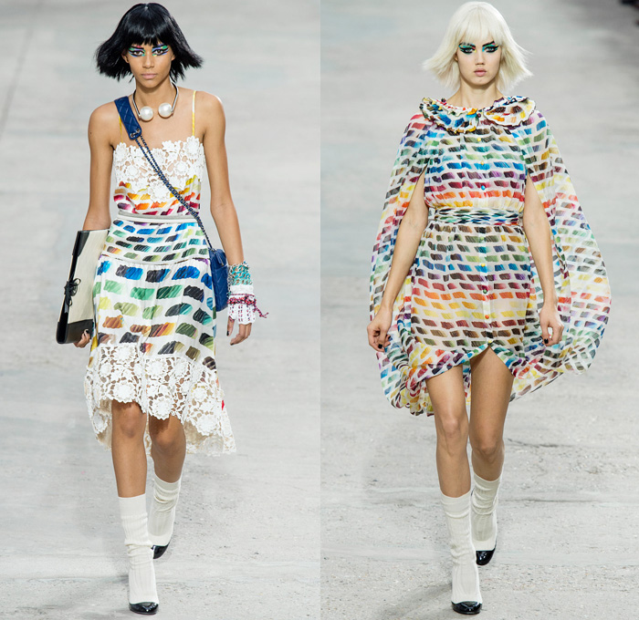 Chanel 2014 Spring Summer Womens Runway Collection - Paris Fashion Week - Mode à Paris - Karl Lagerfeld - Sponged Grey Denim Jeans Boucle Knitwear Dresses Coats Jackets Crop Top White Lace Check Pattern Pearls Art: Designer Denim Jeans Fashion: Season Collections, Runways, Lookbooks and Linesheets