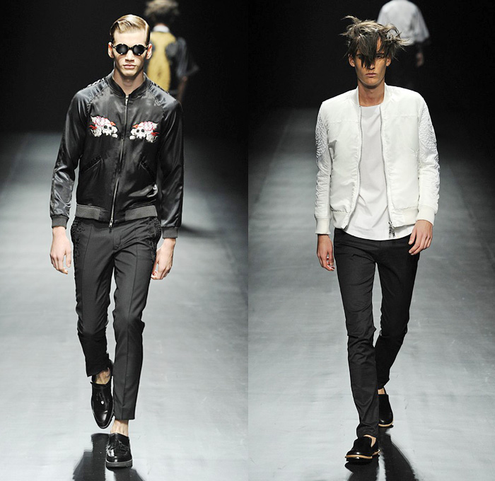 Christian Dada 2014 Spring Summer Runway Collection - Mercedes-Benz Fashion Week Tokyo Japan - Designer Masanori Morikawa - Black Military Motorcycle Biker Bomber Jacket Metallic Gold Peplum Embroidery Wide Leg Trousers Cropped Pants: Designer Denim Jeans Fashion: Season Collections, Runways, Lookbooks and Linesheets