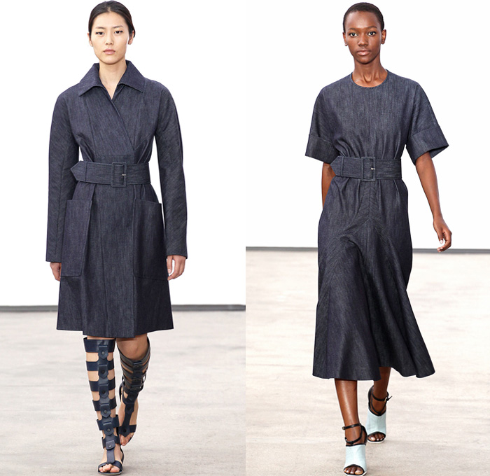 Derek Lam 2014 Spring Summer Womens Runway Collection - New York Fashion Week - Denim Jeanswear Dresses Trench Coats Raffia Mesh Fringes Checks: Designer Denim Jeans Fashion: Season Collections, Runways, Lookbooks and Linesheets