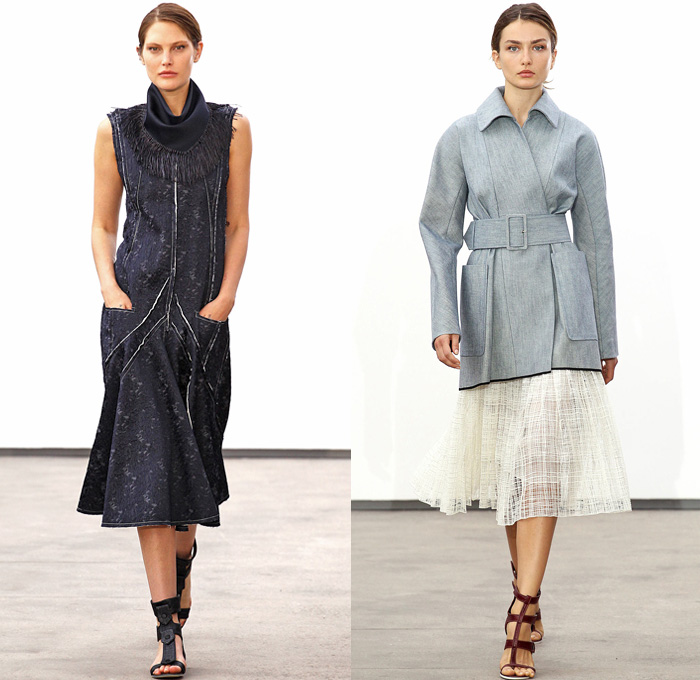 Derek Lam 2014 Spring Summer Womens Runway Collection - New York Fashion Week - Denim Jeanswear Dresses Trench Coats Raffia Mesh Fringes Checks: Designer Denim Jeans Fashion: Season Collections, Runways, Lookbooks and Linesheets