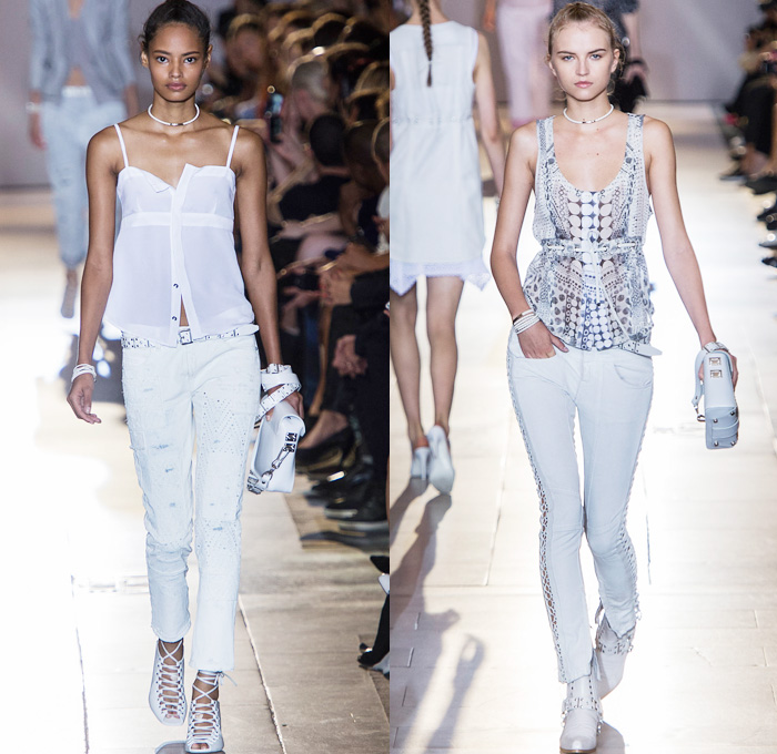 Diesel Black Gold 2014 Spring Summer Womens Runway Collection - New York Fashion Week - White Destroyed Denim Jeans Motorcycle Biker Leather Metallic Studs Embroidery Embellishments: Designer Denim Jeans Fashion: Season Collections, Runways, Lookbooks and Linesheets