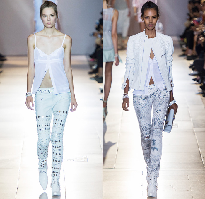 Diesel Black Gold 2014 Spring Summer Womens Runway Collection - New York Fashion Week - White Destroyed Denim Jeans Motorcycle Biker Leather Metallic Studs Embroidery Embellishments: Designer Denim Jeans Fashion: Season Collections, Runways, Lookbooks and Linesheets