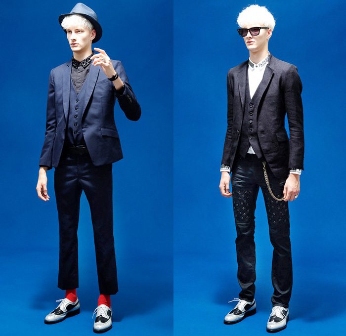 Diet Butcher Slim Skin 2014 Spring Mens Presentation - Metal Burger Japan - Dapper Blazers Denim Jeans Jacket One Piece Jumpsuit Boiler Suit Military Mesh Holes Ornamental Cropped Pants: Designer Denim Jeans Fashion: Season Collections, Runways, Lookbooks and Linesheets