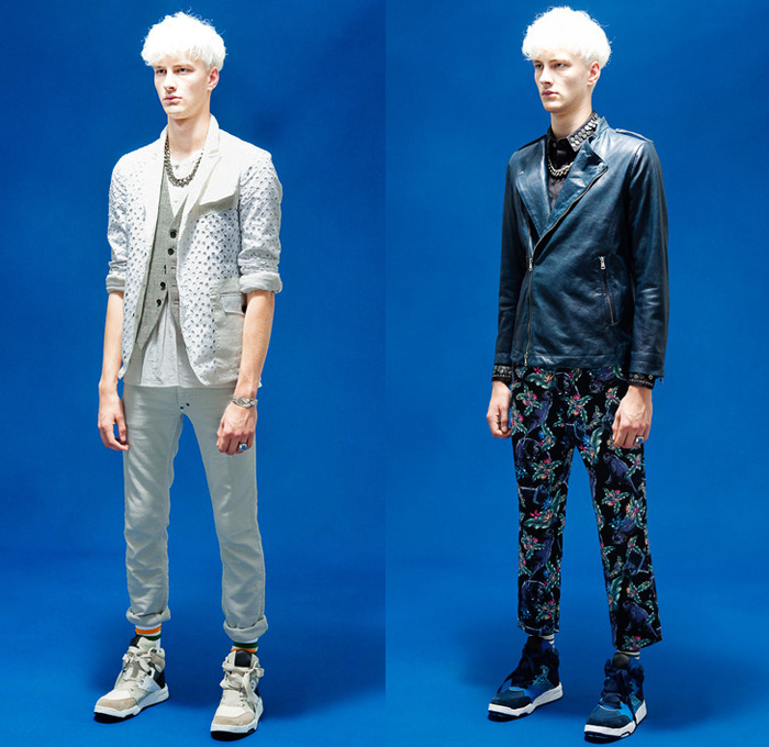 Diet Butcher Slim Skin 2014 Spring Mens Presentation - Metal Burger Japan - Dapper Blazers Denim Jeans Jacket One Piece Jumpsuit Boiler Suit Military Mesh Holes Ornamental Cropped Pants: Designer Denim Jeans Fashion: Season Collections, Runways, Lookbooks and Linesheets