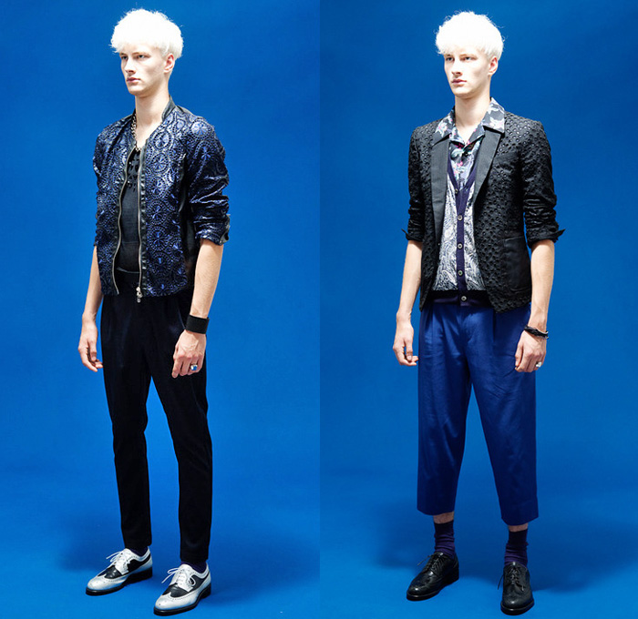 Diet Butcher Slim Skin 2014 Spring Mens Presentation - Metal Burger Japan - Dapper Blazers Denim Jeans Jacket One Piece Jumpsuit Boiler Suit Military Mesh Holes Ornamental Cropped Pants: Designer Denim Jeans Fashion: Season Collections, Runways, Lookbooks and Linesheets