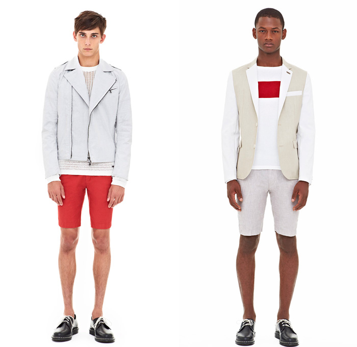 DKNY 2014 Spring Summer Mens Presentation - New York Fashion Week - White Chinos Blazers Shorts Parka Bomber Varsity Biker Jackets: Designer Denim Jeans Fashion: Season Collections, Runways, Lookbooks and Linesheets