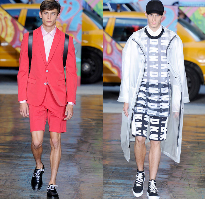 DKNY 2014 Spring Summer Mens Runway Collection - New York Fashion Week - Sportswear Oversized Coats Parkas Bomber Varsity Jacket Rainwear Logo Typography: Designer Denim Jeans Fashion: Season Collections, Runways, Lookbooks and Linesheets