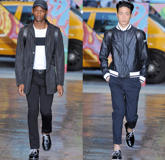 DKNY 2014 Spring Summer Mens Runway Collection - New York Fashion Week - Sportswear Oversized Coats Parkas Bomber Varsity Jacket Rainwear Logo Typography: Designer Denim Jeans Fashion: Season Collections, Runways, Lookbooks and Linesheets