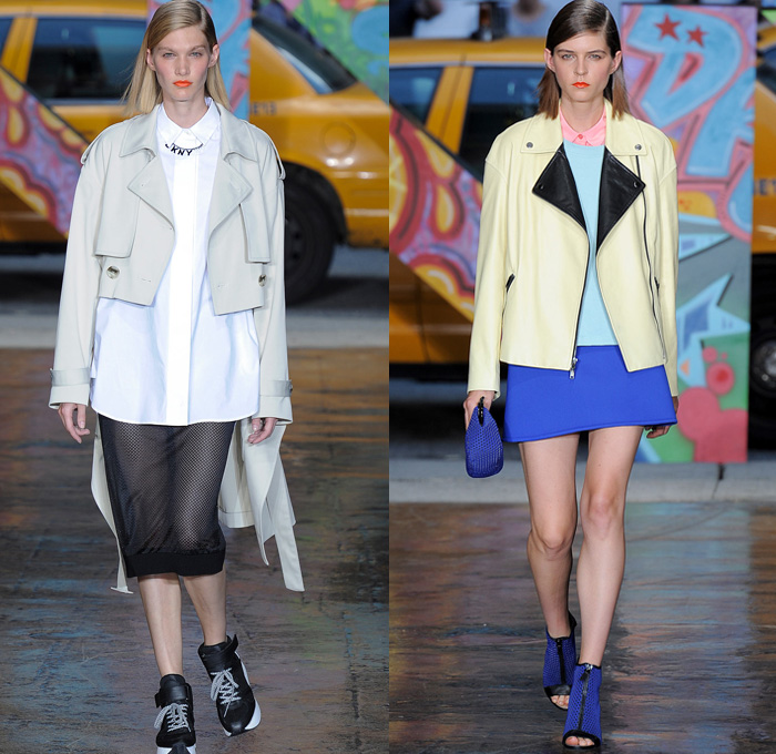 DKNY 2014 Spring Summer Womens Runway Collection - New York Fashion Week - Denim Jeans Overalls Patchwork Oversized Coats Parkas Pastels Sportswear Streetwear Biker: Designer Denim Jeans Fashion: Season Collections, Runways, Lookbooks and Linesheets