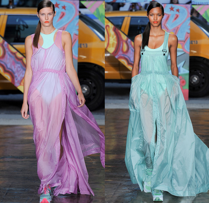 DKNY 2014 Spring Summer Womens Runway Collection - New York Fashion Week - Denim Jeans Overalls Patchwork Oversized Coats Parkas Pastels Sportswear Streetwear Biker: Designer Denim Jeans Fashion: Season Collections, Runways, Lookbooks and Linesheets