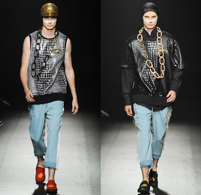 DRESSCAMP 2014 Spring Summer Mens Runway Collection - Mercedes-Benz Fashion Week Tokyo Japan Toshikazu Iwaya - Streetwear Denim Jeans Coat Fringes Animal Leopard Cheetah Zebra Safari Smiley Face Bloody Nose Baroque Print Reptile Alligator Chains Shorts Rompers Sporty Sweatpants: Designer Denim Jeans Fashion: Season Collections, Runways, Lookbooks and Linesheets