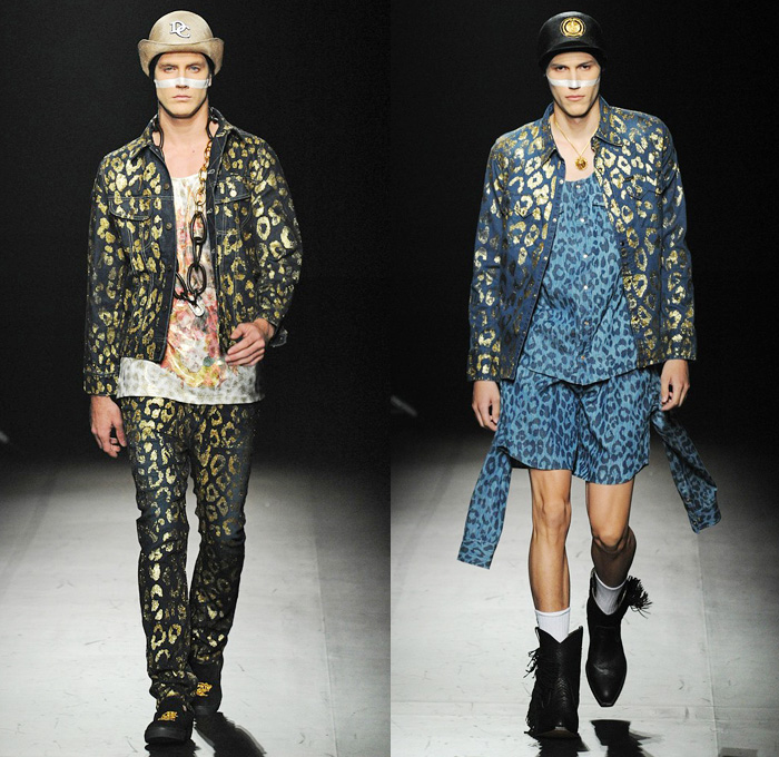 DRESSCAMP 2014 Spring Summer Mens Runway Collection - Mercedes-Benz Fashion Week Tokyo Japan Toshikazu Iwaya - Streetwear Denim Jeans Coat Fringes Animal Leopard Cheetah Zebra Safari Smiley Face Bloody Nose Baroque Print Reptile Alligator Chains Shorts Rompers Sporty Sweatpants: Designer Denim Jeans Fashion: Season Collections, Runways, Lookbooks and Linesheets