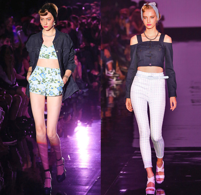 EMODA 2014 Spring Summer Womens Runway Collection - Tokyo Japan Fashion Week - Touch Me Retro Pin Up Ladies - Denim Jeans Outerwear Trucker Coats Dress Romper Crop Top Bandeau Windowpane Checks Flowers Florals Loungewear High Waisted Shorts Bomber Jackets Lace: Designer Denim Jeans Fashion: Season Collections, Runways, Lookbooks and Linesheets