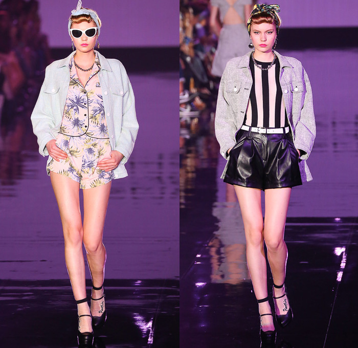 EMODA 2014 Spring Summer Womens Runway Collection - Tokyo Japan Fashion Week - Touch Me Retro Pin Up Ladies - Denim Jeans Outerwear Trucker Coats Dress Romper Crop Top Bandeau Windowpane Checks Flowers Florals Loungewear High Waisted Shorts Bomber Jackets Lace: Designer Denim Jeans Fashion: Season Collections, Runways, Lookbooks and Linesheets