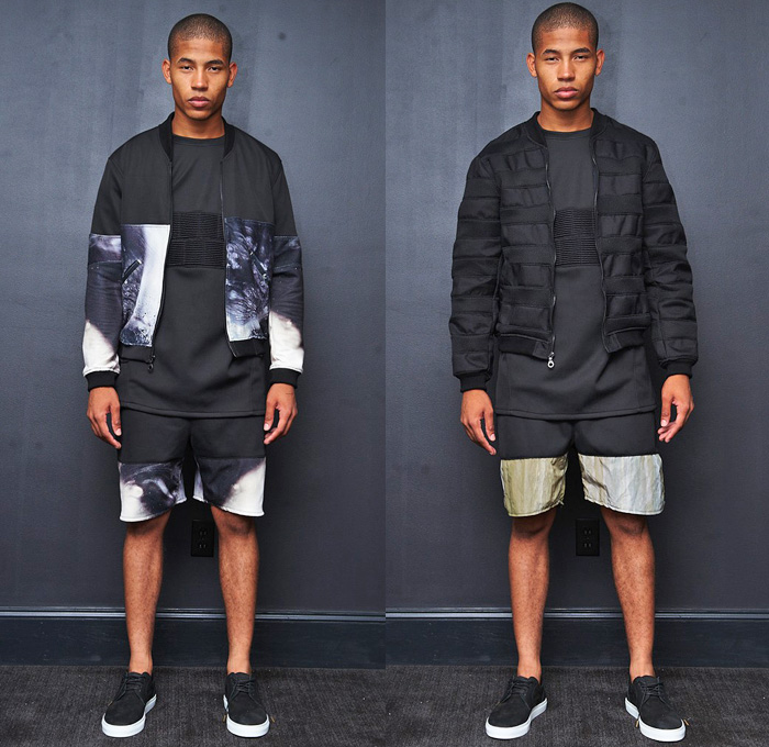 En Noir 2014 Spring Summer Presentation - New York Fashion Week - Rob Garcia High-End Streetwear Midriff Crop Top Lace Dress Zippers Trunks Rounded Shoulders Casual Biker Sweatpants Bomber Jacket Tie-Dye Vest: Designer Denim Jeans Fashion: Season Collections, Runways, Lookbooks and Linesheets