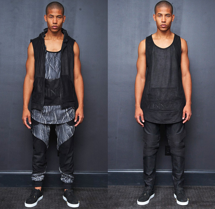 En Noir 2014 Spring Summer Presentation - New York Fashion Week - Rob Garcia High-End Streetwear Midriff Crop Top Lace Dress Zippers Trunks Rounded Shoulders Casual Biker Sweatpants Bomber Jacket Tie-Dye Vest: Designer Denim Jeans Fashion: Season Collections, Runways, Lookbooks and Linesheets