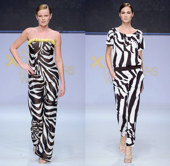 Escada 2014 Spring Summer Womens Runway Collection - Athens Xclusive Designers Week Greece - One Piece Jumpsuit Playsuit Animal Safari Print Motif Zebra Flowers Florals Lace Dress Tunic Robe 3D Cutout Perforated Design: Designer Denim Jeans Fashion: Season Collections, Runways, Lookbooks and Linesheets