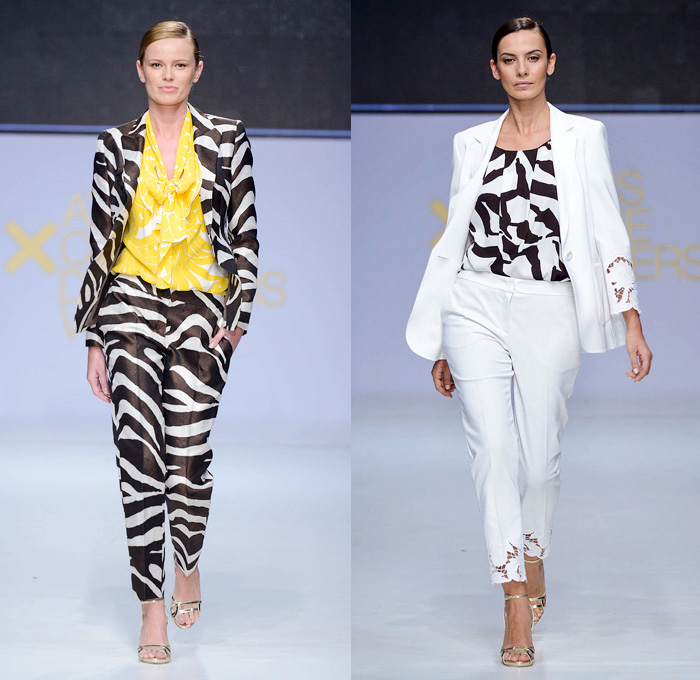 Escada 2014 Spring Summer Womens Runway Collection - Athens Xclusive Designers Week Greece - One Piece Jumpsuit Playsuit Animal Safari Print Motif Zebra Flowers Florals Lace Dress Tunic Robe 3D Cutout Perforated Design: Designer Denim Jeans Fashion: Season Collections, Runways, Lookbooks and Linesheets