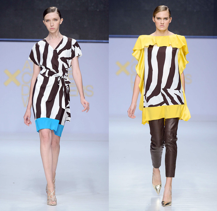 Escada 2014 Spring Summer Womens Runway Collection - Athens Xclusive Designers Week Greece - One Piece Jumpsuit Playsuit Animal Safari Print Motif Zebra Flowers Florals Lace Dress Tunic Robe 3D Cutout Perforated Design: Designer Denim Jeans Fashion: Season Collections, Runways, Lookbooks and Linesheets