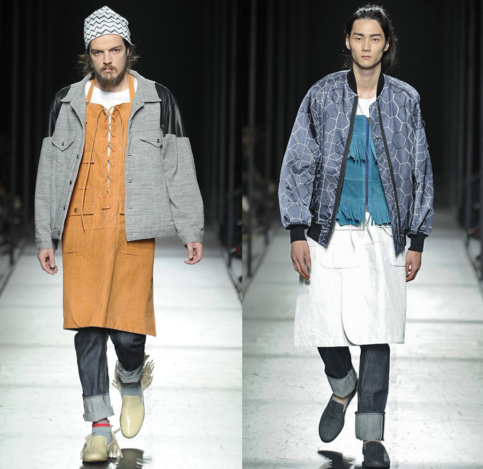 FACETASM 2014 Spring Summer Mens Runway Collection - Mercedes-Benz Fashion Week Tokyo Japan - Hiromichi Ochiai Designer Empathy - Raw Selvedge Denim Jeans Apron Trucker Jacket Bomber Geometric Cubes Foliage Leaves Racing Checks Print Motif Fringes Kilt White Loungewear: Designer Denim Jeans Fashion: Season Collections, Runways, Lookbooks and Linesheets