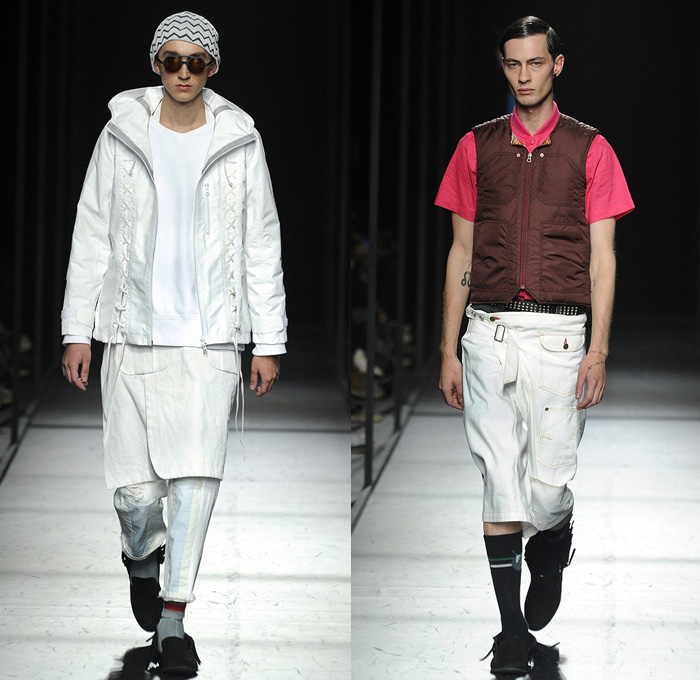 FACETASM 2014 Spring Summer Mens Runway Collection - Mercedes-Benz Fashion Week Tokyo Japan - Hiromichi Ochiai Designer Empathy - Raw Selvedge Denim Jeans Apron Trucker Jacket Bomber Geometric Cubes Foliage Leaves Racing Checks Print Motif Fringes Kilt White Loungewear: Designer Denim Jeans Fashion: Season Collections, Runways, Lookbooks and Linesheets