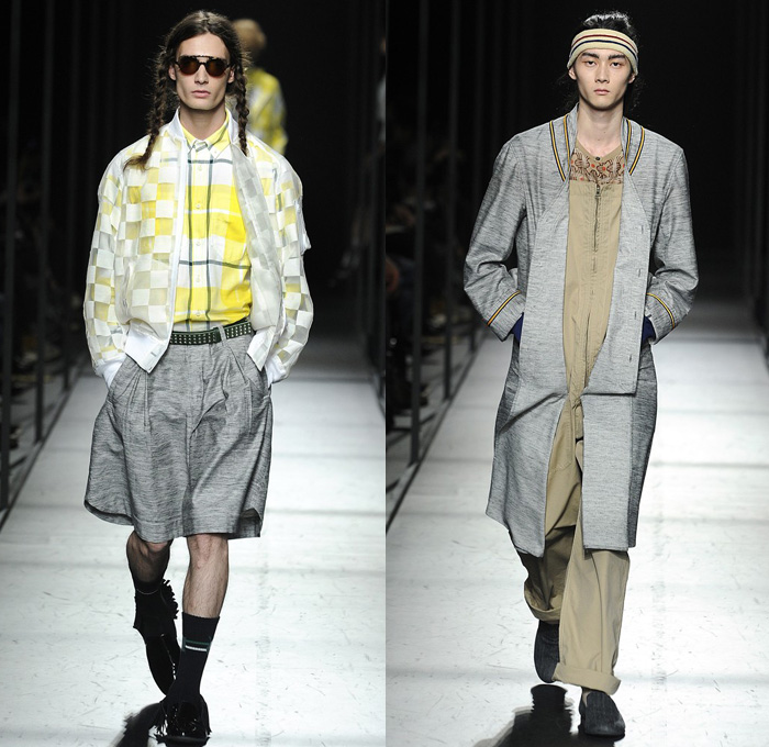 FACETASM 2014 Spring Summer Mens Runway Collection - Mercedes-Benz Fashion Week Tokyo Japan - Hiromichi Ochiai Designer Empathy - Raw Selvedge Denim Jeans Apron Trucker Jacket Bomber Geometric Cubes Foliage Leaves Racing Checks Print Motif Fringes Kilt White Loungewear: Designer Denim Jeans Fashion: Season Collections, Runways, Lookbooks and Linesheets