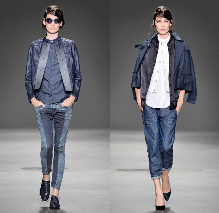 G-Star RAW 2014 Spring Summer Womens Runway Collection - New York Fashion Week - 25th anniversary Type C Elwood Faeroes Lumber Pant Trason Red Listing Workwear Miner Carpenter Tapered Slim Skinny Denim Jeans Outerwear Coats Jackets Camouflage Spots: Designer Denim Jeans Fashion: Season Collections, Runways, Lookbooks and Linesheets