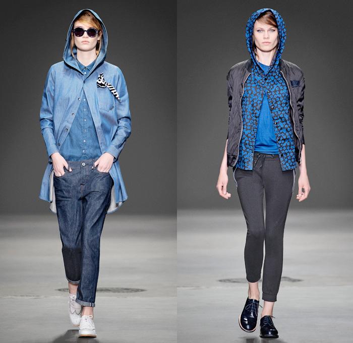 G-Star RAW 2014 Spring Summer Womens Runway Collection - New York Fashion Week - 25th anniversary Type C Elwood Faeroes Lumber Pant Trason Red Listing Workwear Miner Carpenter Tapered Slim Skinny Denim Jeans Outerwear Coats Jackets Camouflage Spots: Designer Denim Jeans Fashion: Season Collections, Runways, Lookbooks and Linesheets