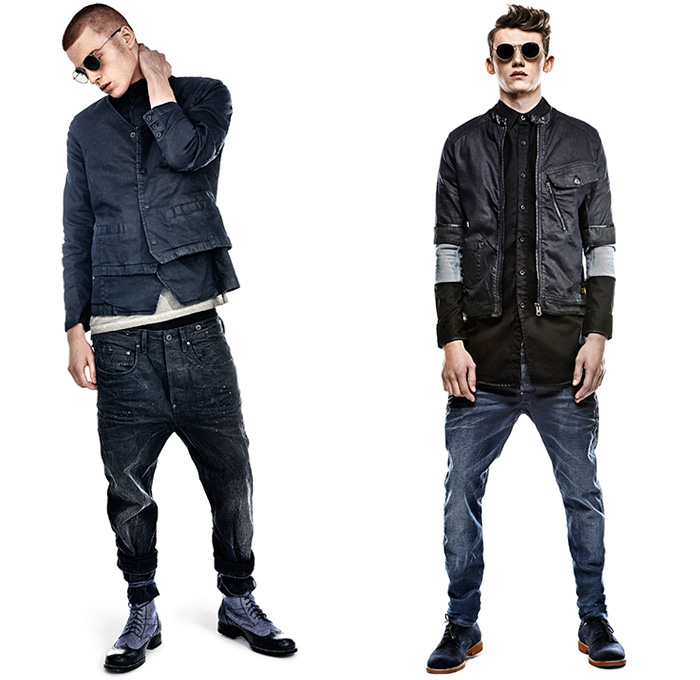 G-Star RAW 2014 Summer Mens Denim Jeans Collection - Amsterdam The Netherlands - Tapered Layer Jacket Worker Workwear Cargo Pockets Zipper Utility Trucker Jacket Raw Selvedge Knee Panel Distressed Vintage Bomber Jacket Jogging Sweatpants Boots Shorts Shortie A Emblem Initial Embroidery Cinch Back