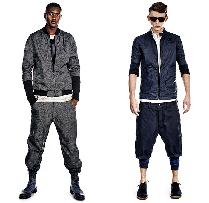 G-Star RAW 2014 Summer Mens Denim Jeans Collection - Amsterdam The Netherlands - Tapered Layer Jacket Worker Workwear Cargo Pockets Zipper Utility Trucker Jacket Raw Selvedge Knee Panel Distressed Vintage Bomber Jacket Jogging Sweatpants Boots Shorts Shortie A Emblem Initial Embroidery Cinch Back